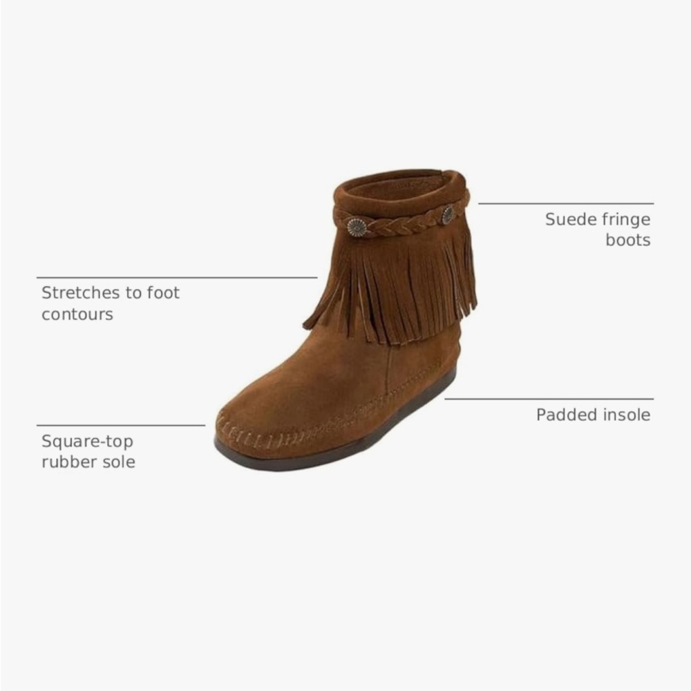 Minnetonka Brown Concho Suede Fringe Braid Ornamented Boots Size 8.5 Boho - Picture 12 of 16